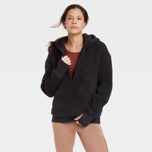All In Motion Women's Black Sherpa Half Zip Hooded Pullover‎ Sweatshirt Large
